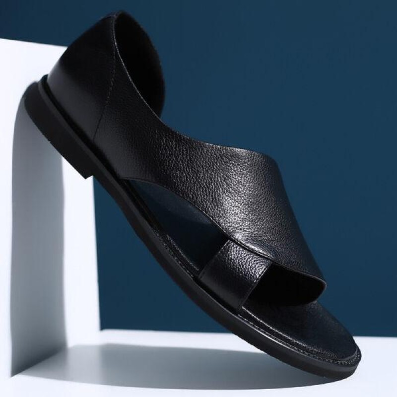 Men Summer Slip On Leather Black Solid Flat Sandals Round Open Toe Fashion Shoes